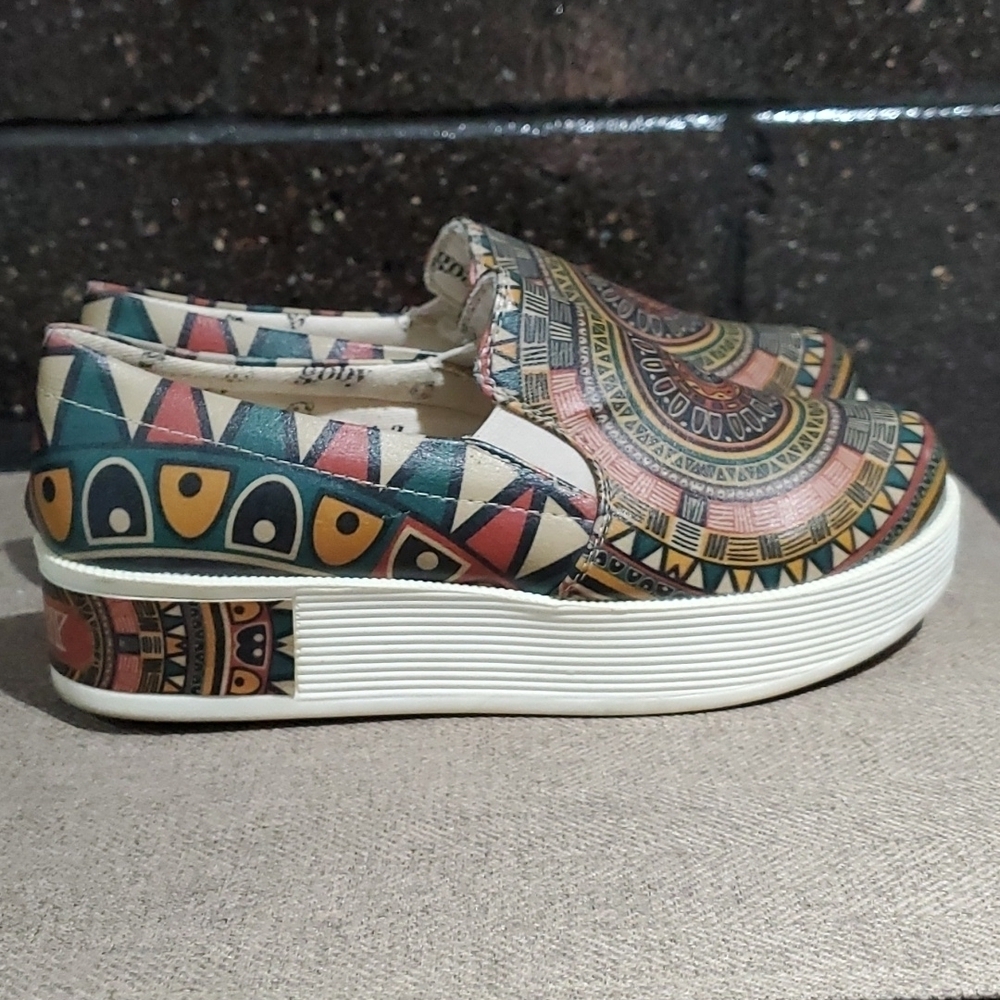 GOBY SLIP ON PLATFORM VEGAN CHUNKY SNEAKERS WITH AZTEC PRINT TRAINERS ART - Picture 7 of 14
